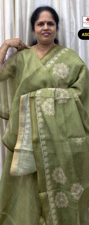 Light Green Color Embroidery Tissue Linen Saree | ASG176