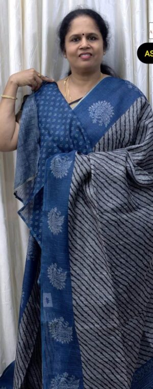 Grey Cotton Saree With Black Stripes & Light Blue Border | ASG379
