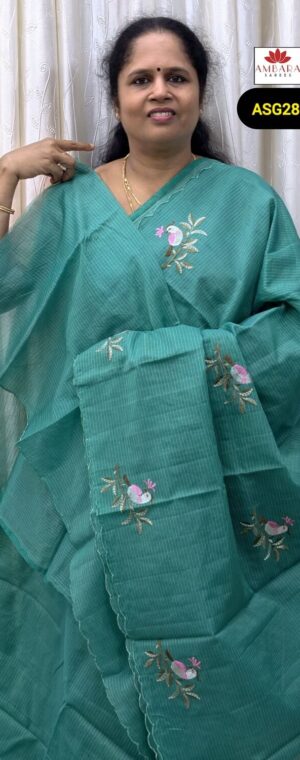 Green Thread Embroidery Kota Saree with Scallop Border | ASG281