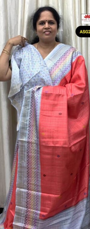 Peach Butta Semi Tussar Saree With Grey Border | ASG225