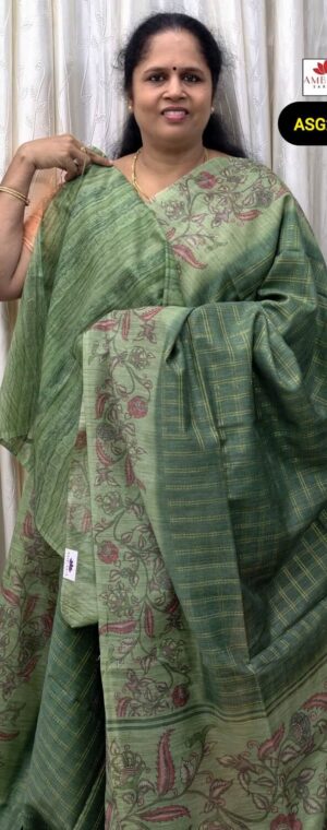 Green Checked Semi Tussar Saree with Floral Border | ASG279