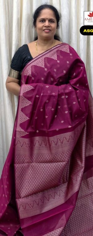 Deep Magenta Semi Silk Cotton Saree Silver Zari Border | ASG369