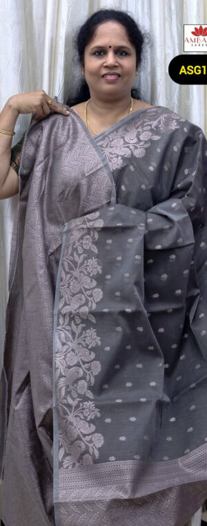 Grey Semi Silk Cotton Saree with Silver Thread Butta | ASG186