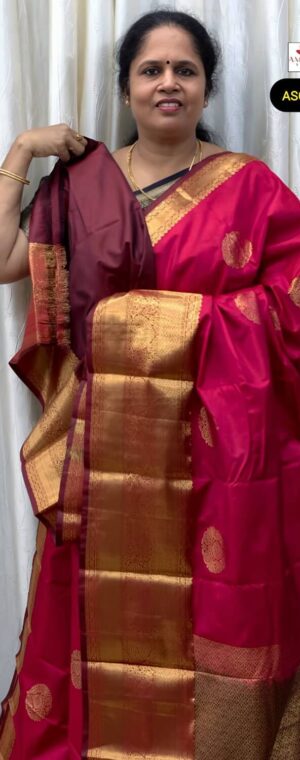 Pink Semi Kanchipuram Silk Saree with Maroon Border | ASG327