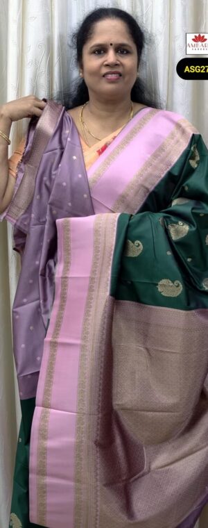Green Semi Silk Saree with Pink Border & Contrast Pallu | ASG275
