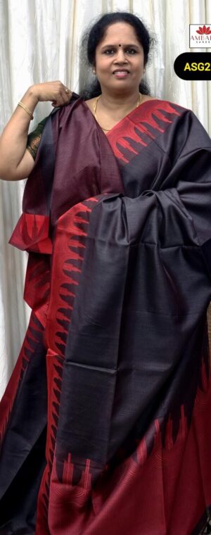 Black Color Temple Border Weaved Semi Tussar Saree | ASG219