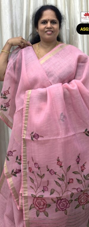 Light Pink Soft Cotton Saree Small Zari Border | ASG264