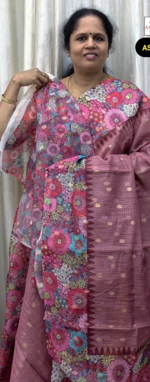 Onion Pink Kota Saree Gold Zari Butta Floral Border | ASG300