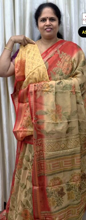 Light Yellow Brasso Saree with Red Floral Prints | ASG173