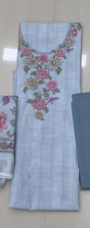 Floral Blue Cotton Chudidhar Material With Beadwork Top | ASG385