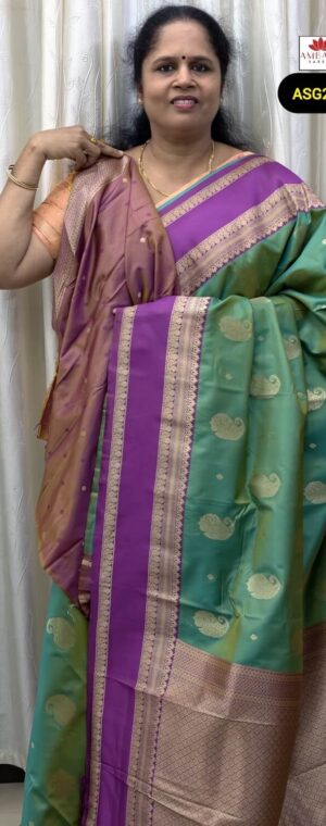 Sea Green Semi Silk Saree with Magenta Zari Border | ASG272