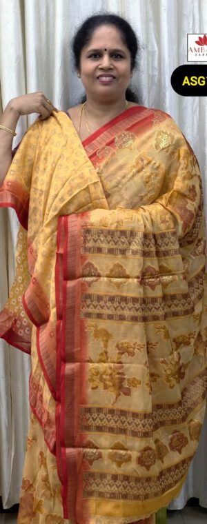Yellow Brasso Saree with Red Floral Prints | ASG168