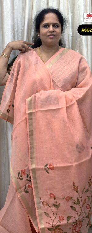 Light Peach Soft Cotton Saree Floral Embroidery | ASG261