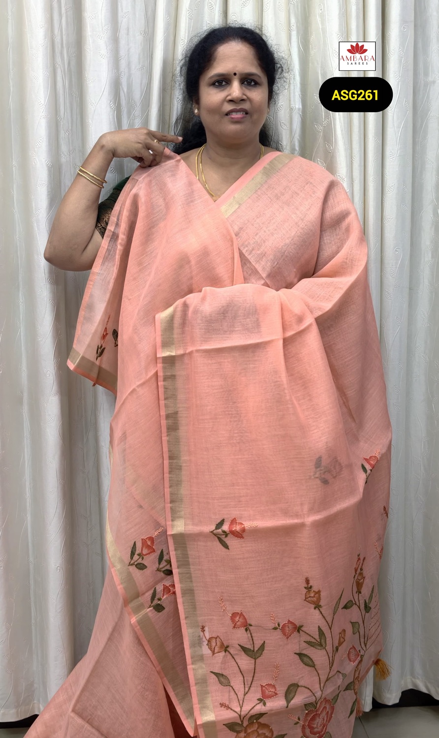 Light Peach Soft Cotton Saree Floral Embroidery | ASG261
