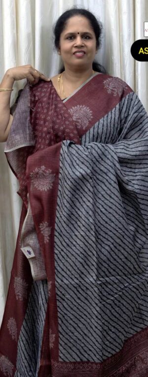 Grey Cotton Saree With Black Stripes & Maroon Border | ASG378