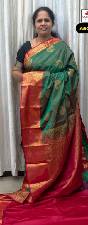 Green Pink Border Gold Zari Butta Semi Kanchi Silk Saree | ASG396