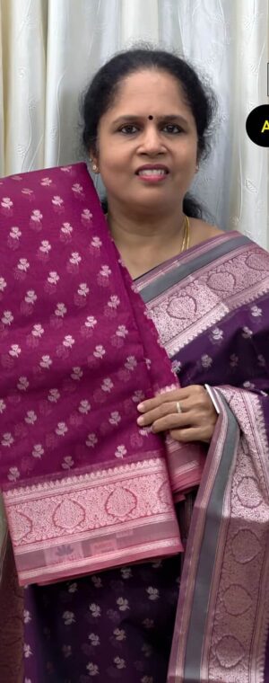 Deep Magenta Color Silver Zari Weaved Semi Silk Cotton Saree | ASG338