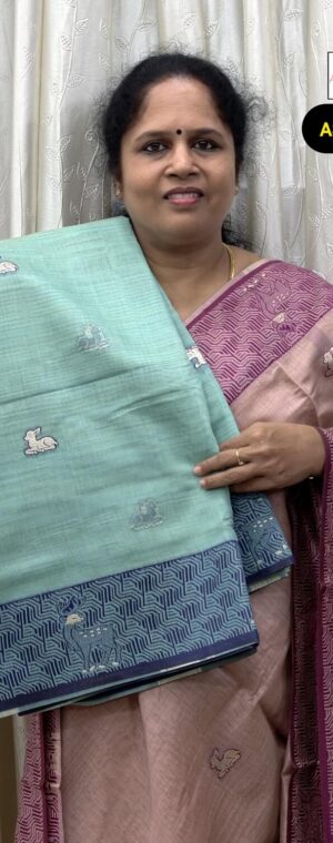 Light Blue Munga Cotton Saree with Deer Motif Thread Work | ASG204