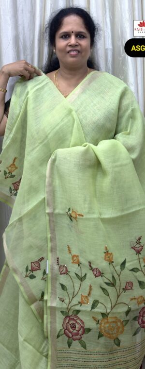 Light Green Soft Cotton Saree with Floral Pallu | ASG263