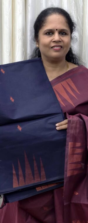 Navy Blue Cotton Saree With Copper Zari Temple Border | ASG653