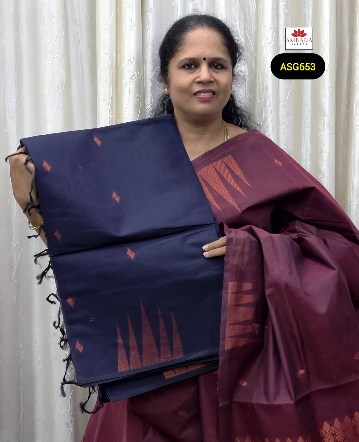 Navy Blue Cotton Saree With Copper Zari Temple Border | ASG653
