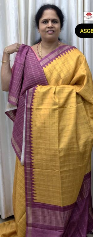 Yellow Semi Tussar Saree With Checked Pattern & Magenta Border | ASG858