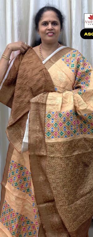 Light Brown Crushed Semi Tussar Saree With Self Printed Blouse | ASG719