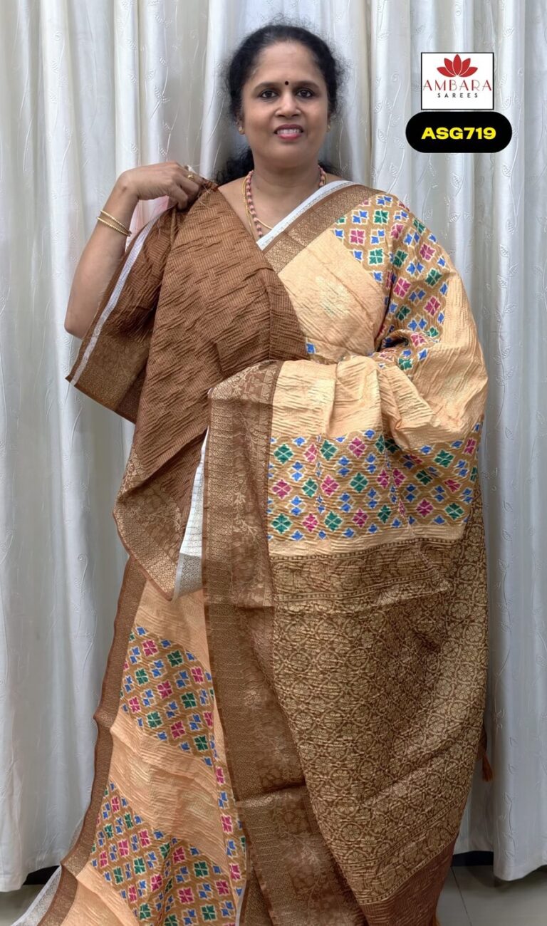 Light Brown Crushed Semi Tussar Saree With Self Printed Blouse | ASG719