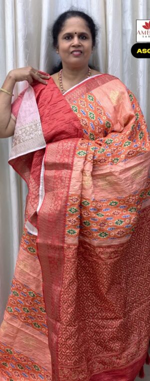 Light Orange Crushed Semi Tussar Saree With Printed Blouse | ASG716