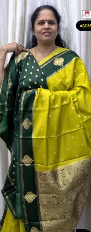 Lime Yellow With Green Border Gold Zari Weaved Gajji Silk Saree | ASG680