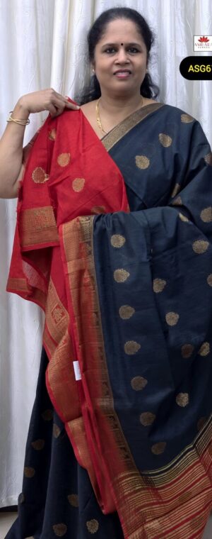 Black With Red Border Bamboo Silk Saree With Gold Butta Zari Weaved | ASG614