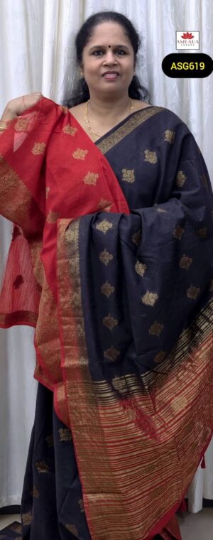 Black Gold Zari Butta Weaved Bamboo Silk With Red Border | ASG619