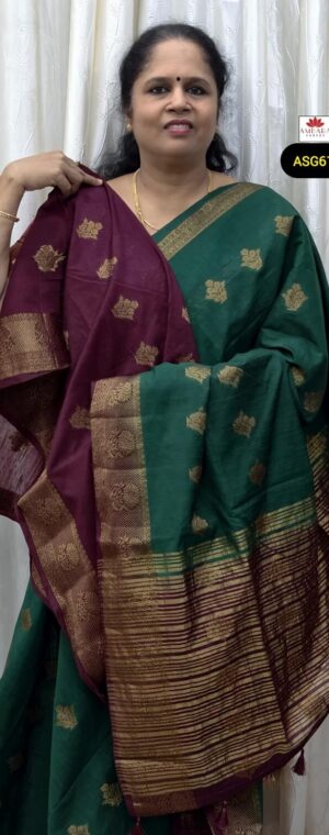 Green Color Gold Zari Butta Weaved Bamboo Silk With Magenta Border | ASG517