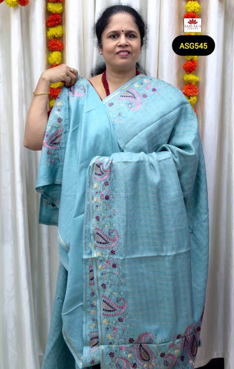 Sky Blue Checked Semi Tussar Saree with Floral Pallu | ASG545
