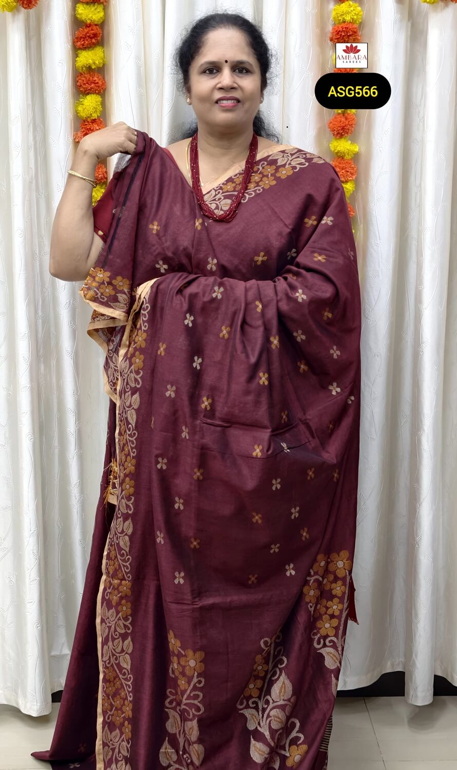 Maroon Color Thread Butta Weaved Khadi Cotton Saree | ASG566