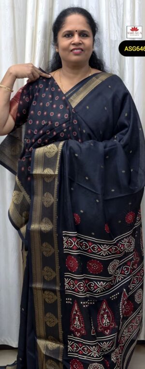 Black Color Gold Zari Butta Printed Chiffon Saree | ASG646