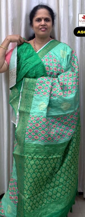 Light Bottle Green Geometrical Printed Crushed Tussar Saree | ASG715