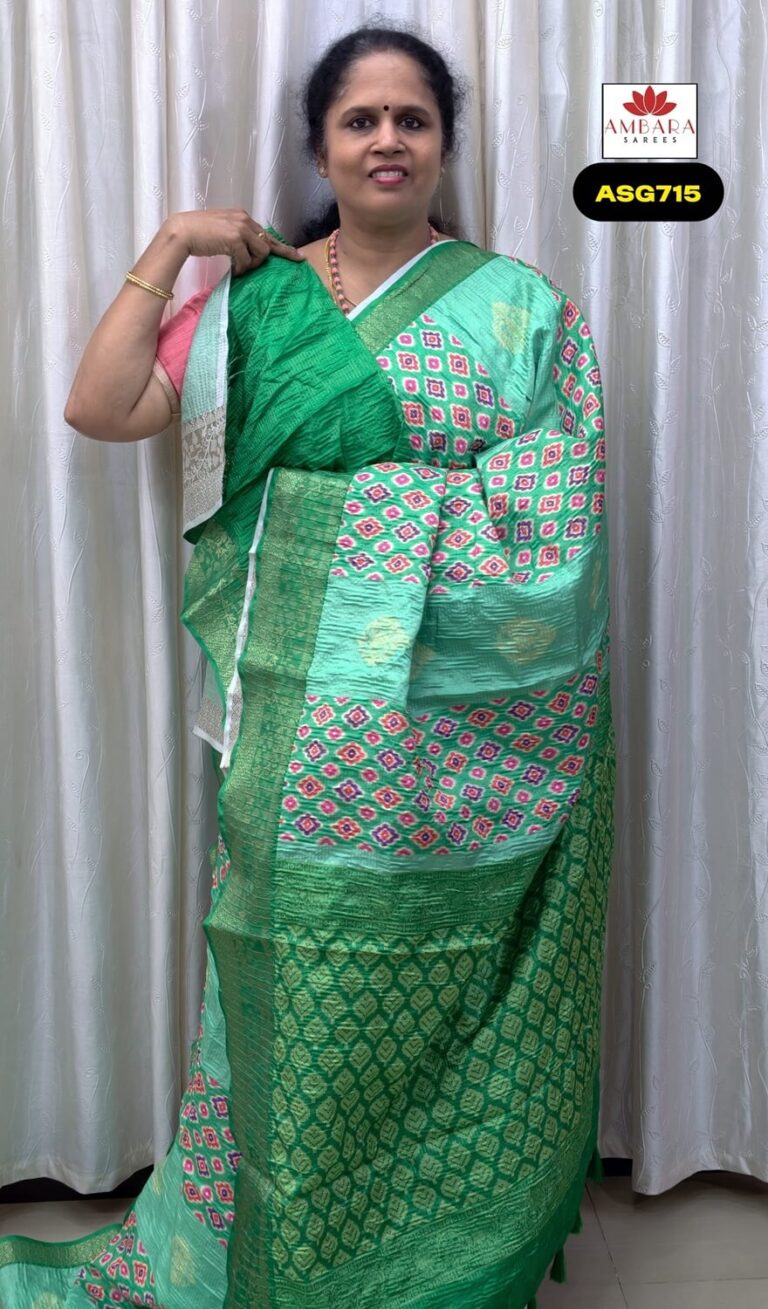 Light Bottle Green Geometrical Printed Crushed Tussar Saree | ASG715