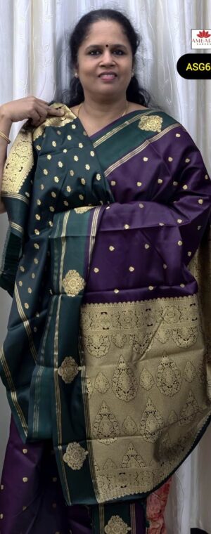 Dark Purple Color Gold Zari Weaved Gajji Silk Saree With Green Border | ASG682