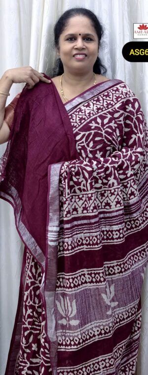 Maroon Printed Linen Cotton Saree With graceful Silver Zari | ASG604