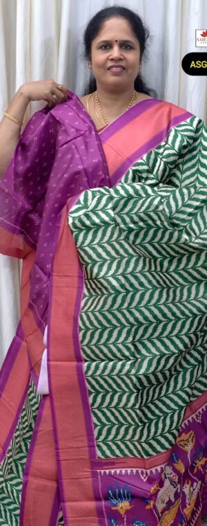 Green Semi Tussar Saree with Woven Zigzag & Orange Border | ASG436