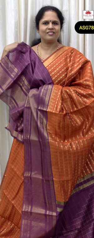 Rust Orange Color Checked Pattern Semi Raw Silk With Magenta Border | ASG783