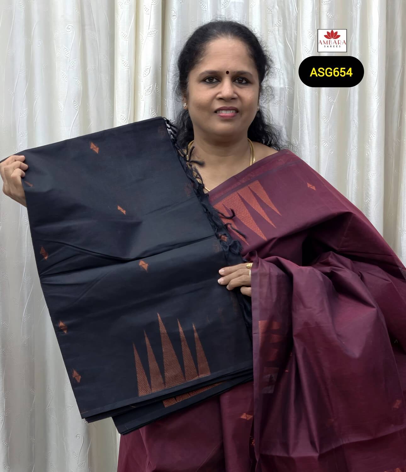 Black Cotton Saree With Copper Zari Temple Border | ASG654