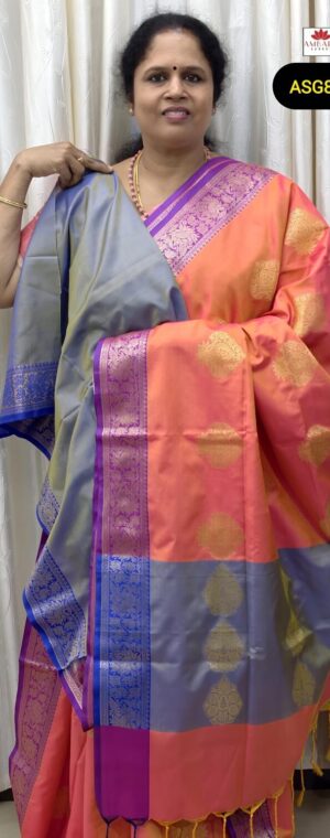 Orange Color Zari Butta Weaved Semi Soft Silk Saree With Violet Border | ASG823