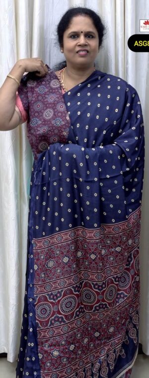 Navy Blue Bandhini Semi Crepe Saree With Printed Pallu | ASG856