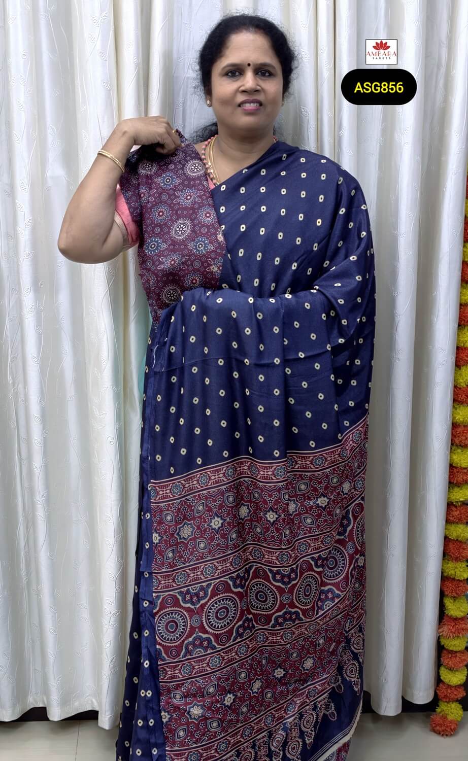 Navy Blue Bandhini Semi Crepe Saree With Printed Pallu | ASG856