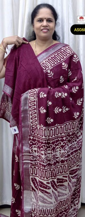 Maroon Butta Print Linen Cotton Saree With Silver Zari | ASG605