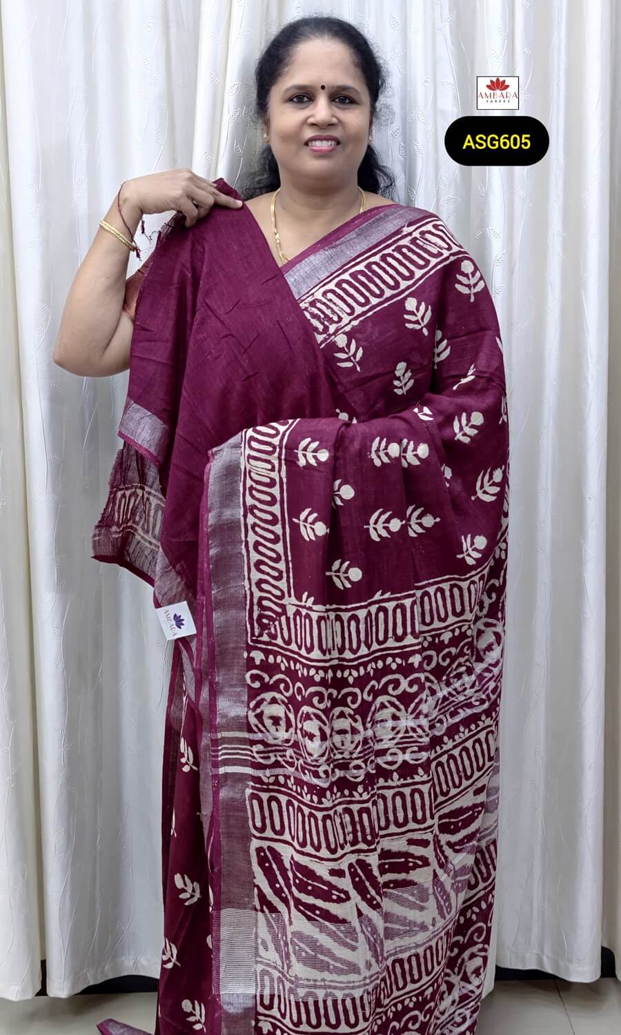 Maroon Butta Print Linen Cotton Saree With Silver Zari | ASG605
