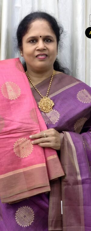 Pink Semi Tussar Saree Gold Grey Zari Circular Pattern | ASG447