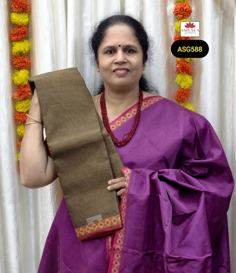 Olive Green Handloom Cotton Saree with Thread Border | ASG588